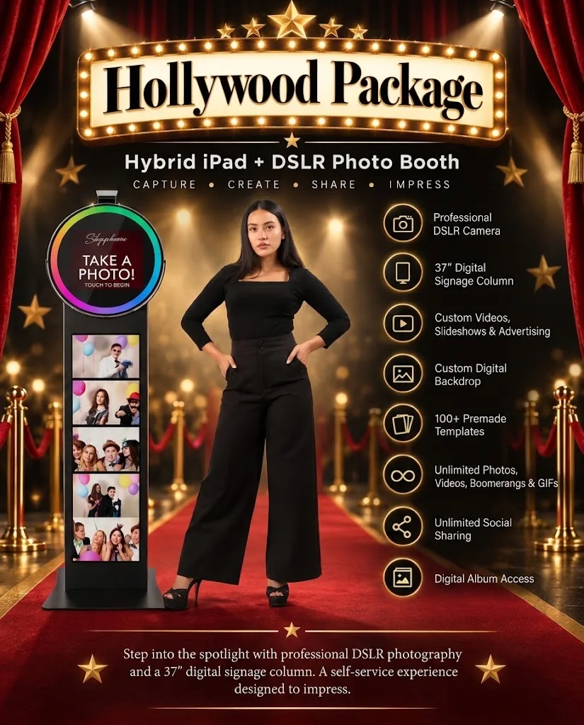Hollywood Package Posh Pro photo booth with DSLR camera and 37-inch digital signage column