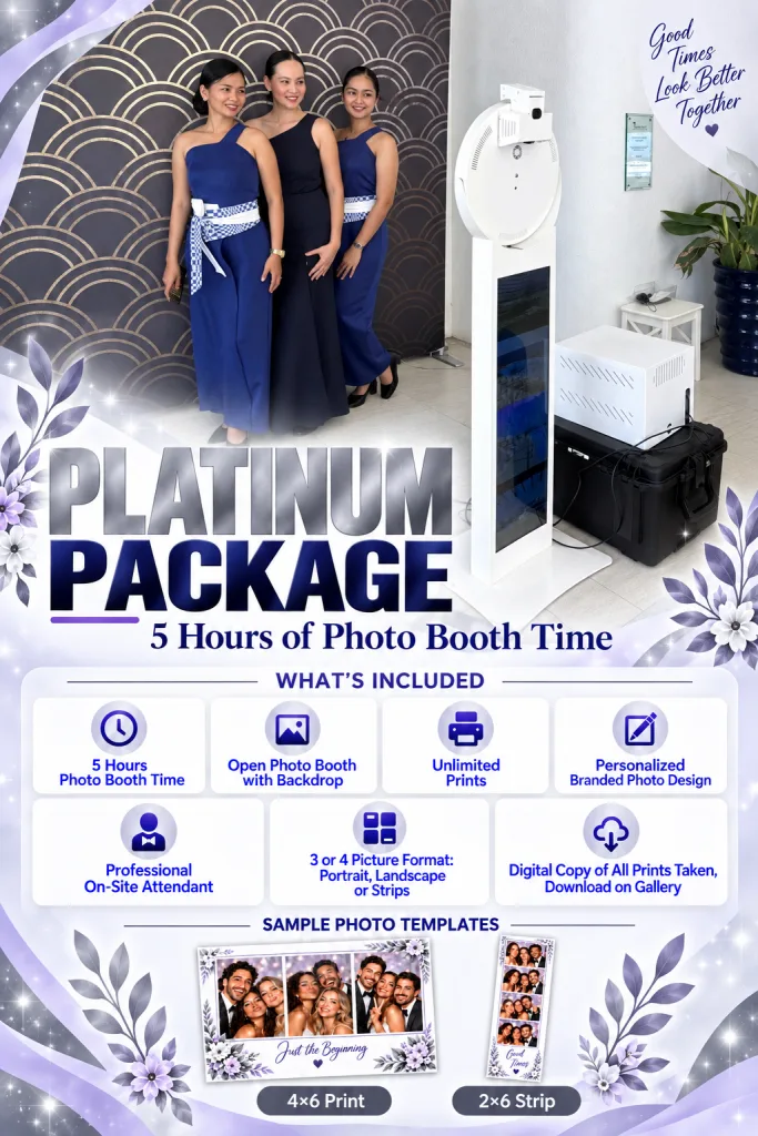 Platinum Package Posh Pro photo booth with 37-inch display and print examples